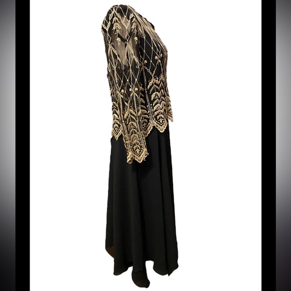 Vtg 90s Cachet Gold Embroidered Lace Black Chiffon Midi Dress - Picture 7 of 13